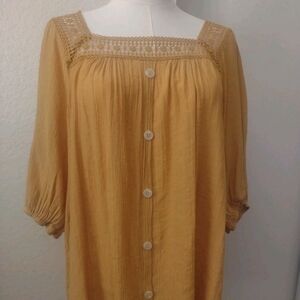 AUW Size 1X Mustard Crochet Yoke Button-Front Pullover Tunic